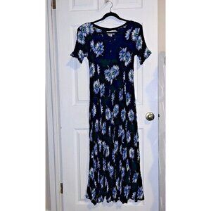 Vintage 90S AMERICAN ANGEL Navy Floral Crinkle Maxi Dress Goth Cottagecore